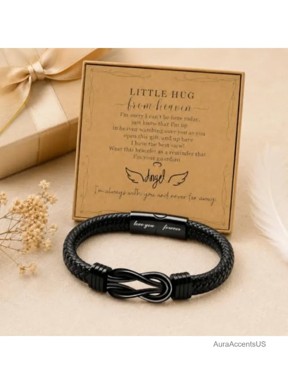 Infinity Braided Leather Memorial Bracelet with Angel Wing, Sympathy Gift for